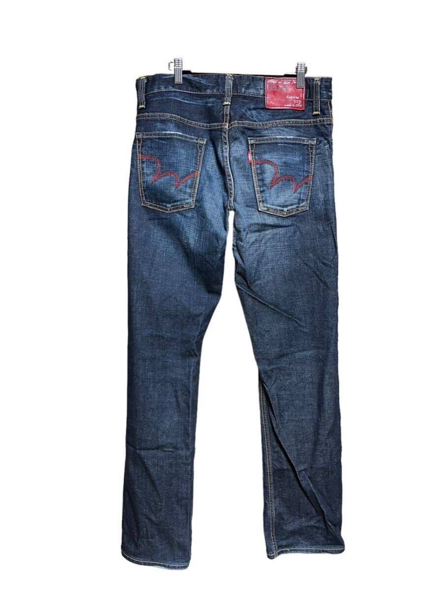 ★日本製 EDWIN edge of blue jeans EG503 メンズ W32 ヒゲ インディゴ デニムパンツ ジーンズ / エドウィン 革パッチ ストレッチ の画像3