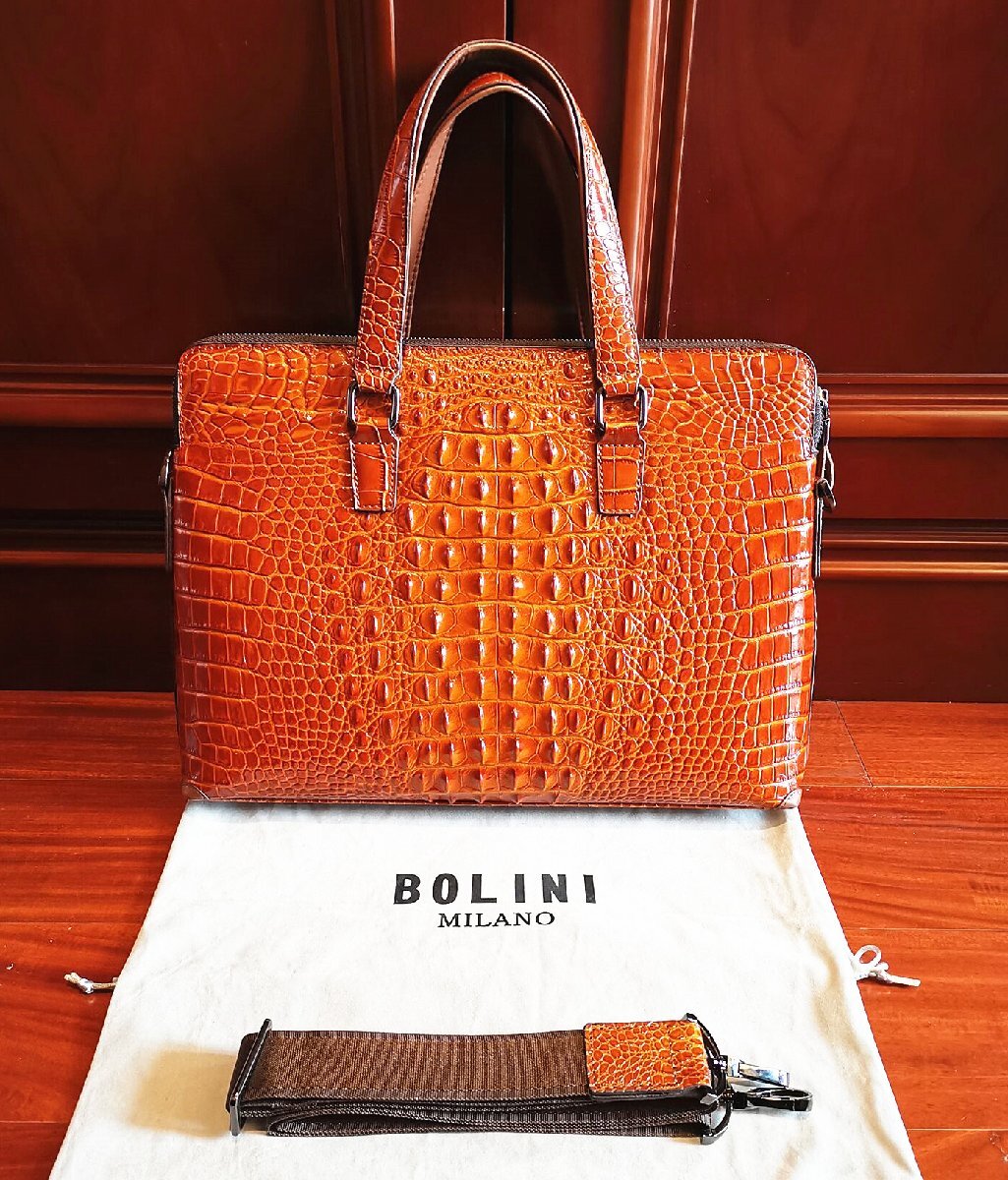 最高級逸品20万◆イタリア・ミラノ発*BOLINI/ボリニ・最上級牛革・クロコダイル*ビジネスバック/ブリーフケース・黄色い_画像1