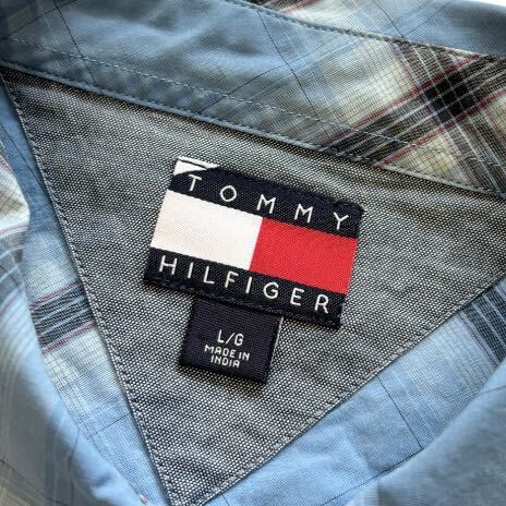 【90s】 TOMMY HILFIGER トミーヒルフィガー 長袖シャツ メンズ L 青/ブルー チェック柄 コットン ワンポイント ビンテージ 古着 USED_画像7