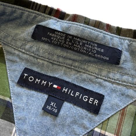 【00s】 TOMMY HILFIGER トミーヒルフィガー 半袖シャツ メンズ XL 緑/グリーン チェック柄 コットン ワンポイント 刺繍 ビンテージ 古着_画像7