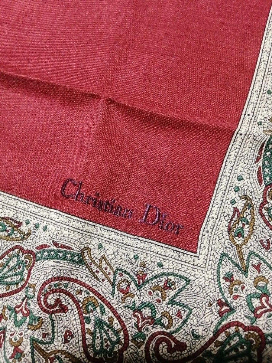 【美品】Christian Dior　クリスチャンディオールハンカチ　スカーフ　チーフ　ロゴ刺繍 　ブランドハンカチ