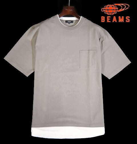 E水05335新品▼ ビームス BEAMS フェイクレイヤード 半袖Tシャツ 【 XL 】 半袖カットソー Tシャツ 重ね着 接触冷感生地 ベージュ系の画像1
