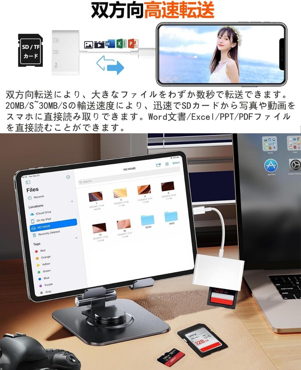 iPhone SDカードリーダー 3in1 SDカードカメラリーダー USB/SD/TF変換アダプタ 写真/ビデオ/資料 双方向高速データ転送 データ移行の画像3
