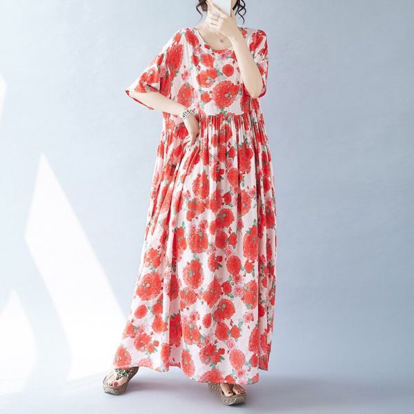  including in a package 1 ten thousand jpy free shipping # summer new goods beautiful . floral print One-piece long One-piece maxi One-piece large size cotton flax short sleeves adult One-piece * red 