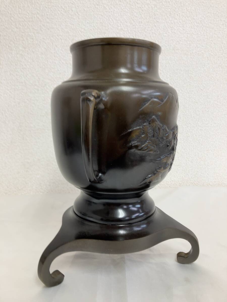 銅製 花器 薄端 うすばた 花入 花瓶 花壺 金属工芸 華道具 山水図 骨董 置物 インテリア オブジェ_画像4