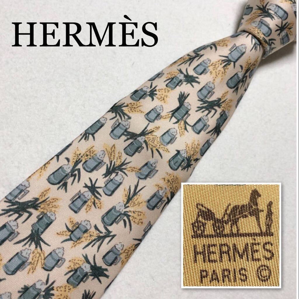 ■美品■HERMES エルメス　ネクタイ　麦とビール　総柄　シルク100% フランス製　ベージュ　ビジネス_画像1