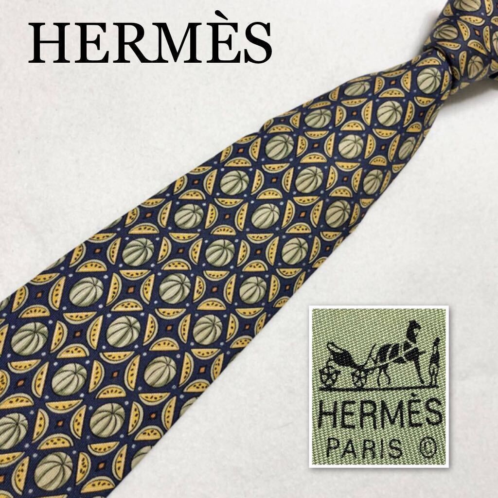 HERMES エルメス　ネクタイ　スイカ　総柄　シルク100% フランス製　ブルー×グリーン×イエロー　ビジネス