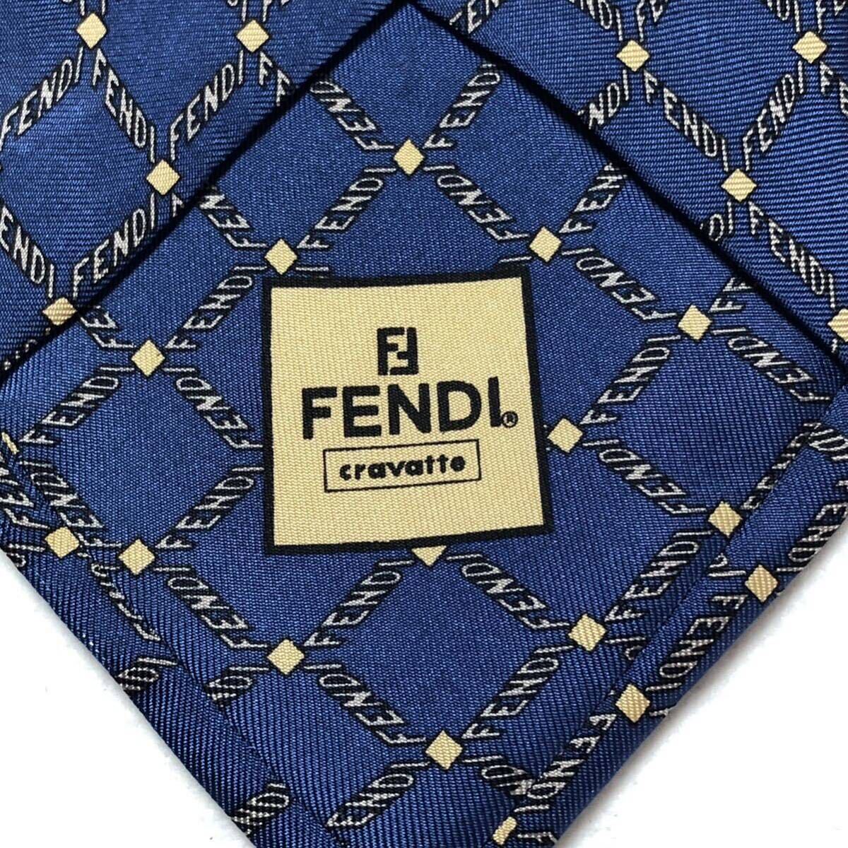 FENDI フェンディ　ネクタイ　ロゴ　格子　総柄　シルク100% イタリア製　ブルー系　ビジネス_画像7