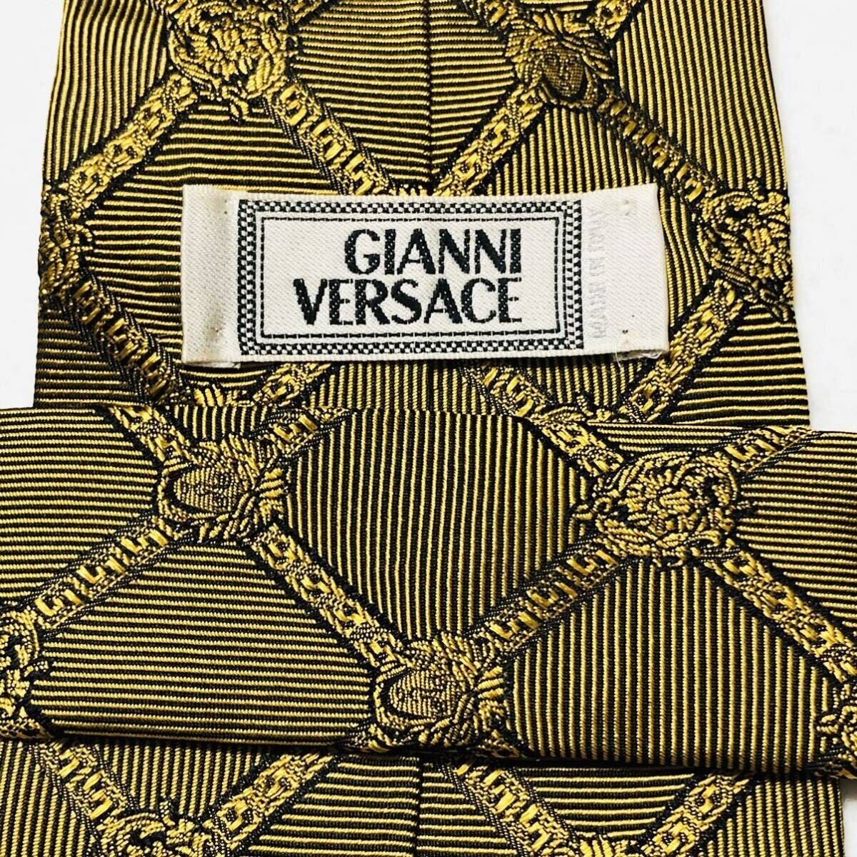 GIANNI VERSACE ジャンニヴェルサーチ　ネクタイ　メデューサ　格子　チェック　ストライプ　シルク100% イタリア製　ゴールド_画像6