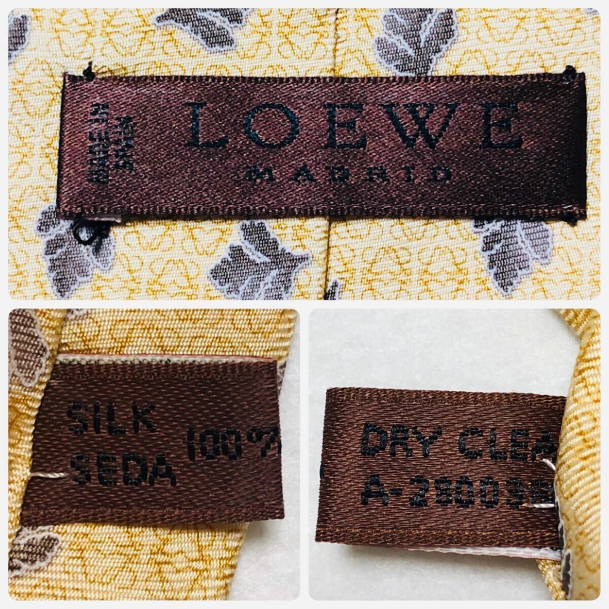 LOEWE ロエベ　ネクタイ　リピートアナグラム　葉っぱ　総柄　シルク100% スペイン製　FLORA DE ULTRAMAR イエロー系