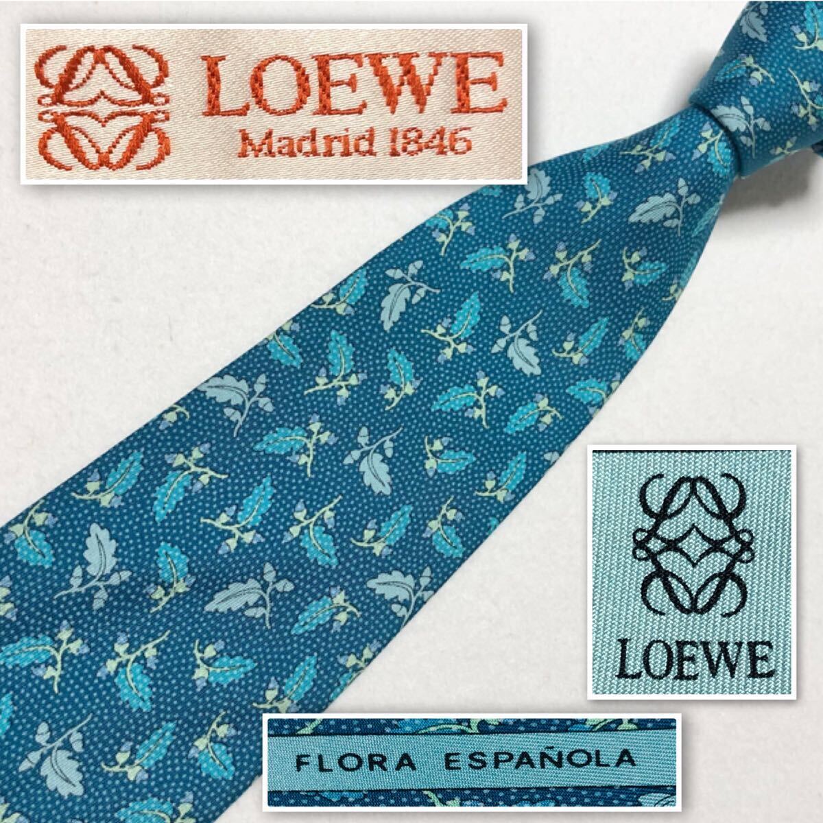 ■美品■LOEWE ロエベ　ネクタイ　くぬぎ　葉と実　ドット　総柄　シルク100% スペイン製　FLORA ESPANOLA ターコイズブルー　ビジネス_画像1