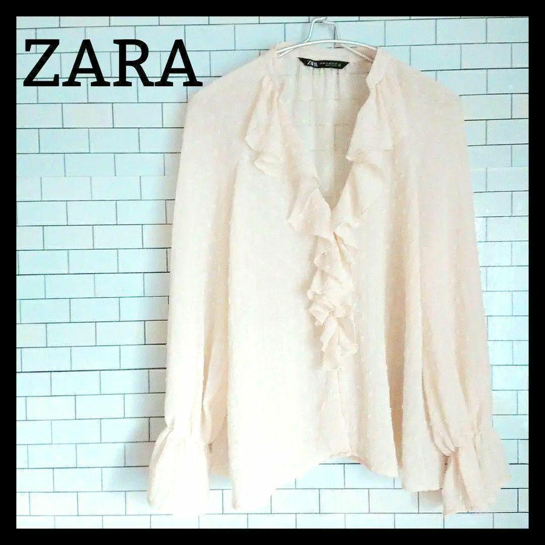 ZARA ザラ フリル付きブラウス M ベージュ ドット シアー 可愛い 清楚_画像1