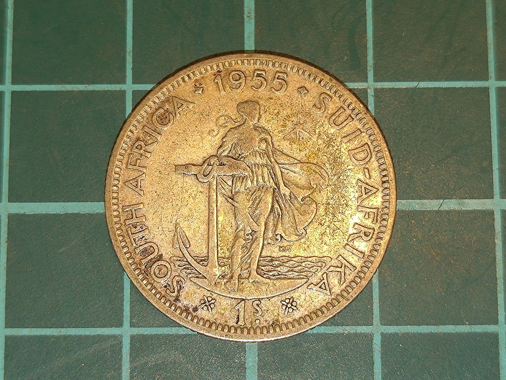 【1円スタート】イギリス連邦 南アフリカ連邦 1シリング銀貨 1955年 エリザベス2世の画像1