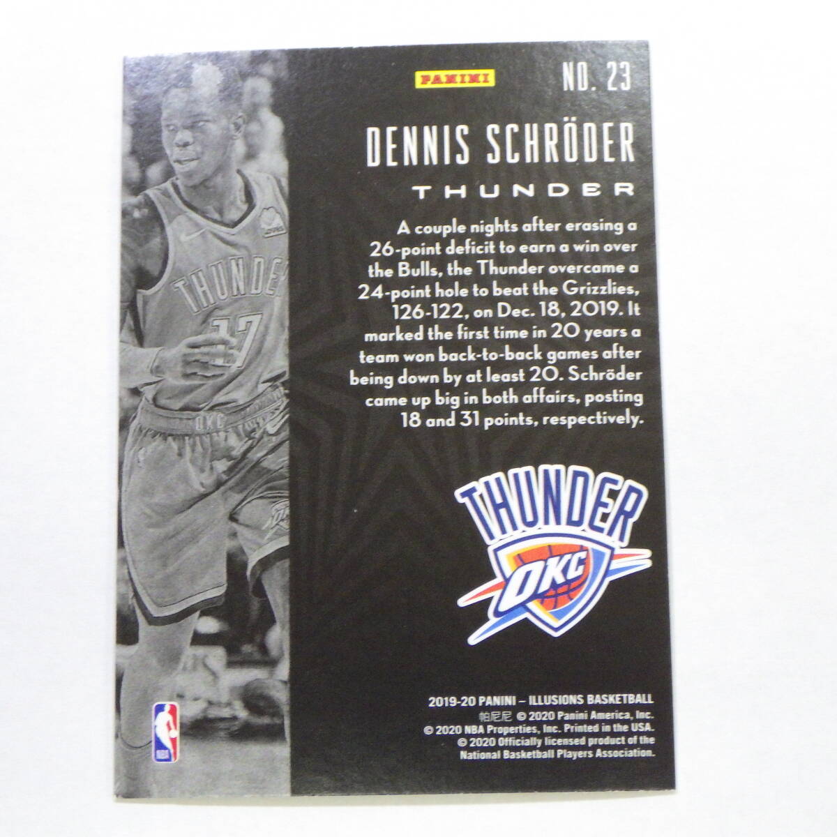 NBA カード DENNIS SCHRODER OKLAHOMA CITY THUNDER NO.23 2019-20 PANINI デニス・シュルーダー ①_画像2
