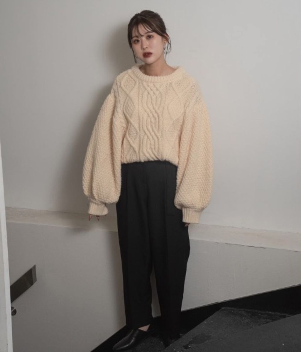【Amiur】balloon sleeve cable knit