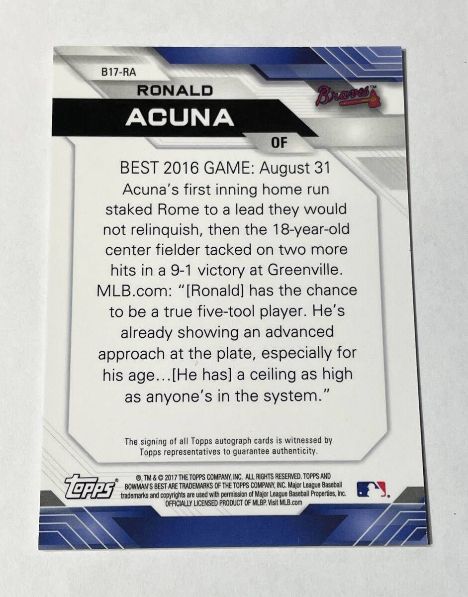 Ronald Acuna 2017 Bowman’s Best Best of 2017 Auto ！！ロナルド・アクーニャ 直書き 直筆サインカード！！Atlanta Braves ブレーブスの画像3