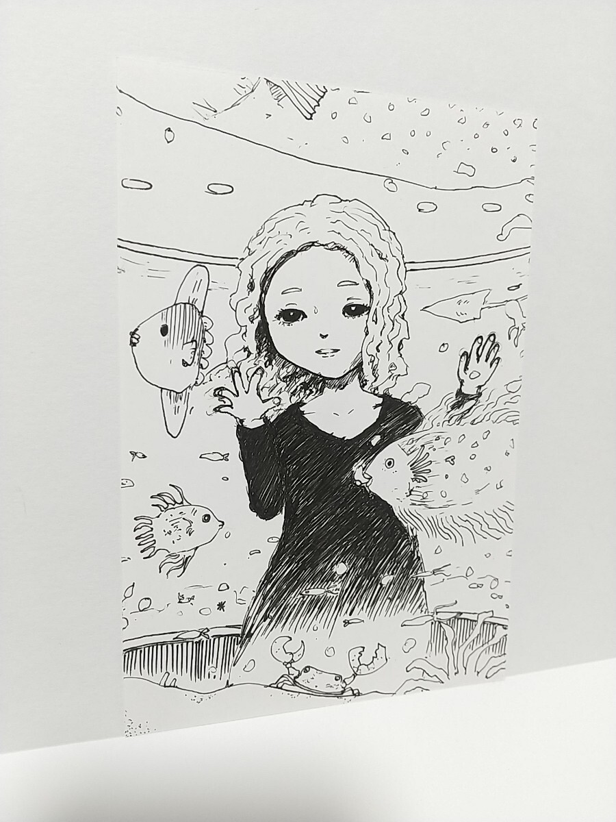 オリジナルイラスト 手描きイラスト 水族館 ハンドメイド インテリア 絵 モノクロ 原画 アナログ アート 自作 女の子 魚 illustration art_画像2