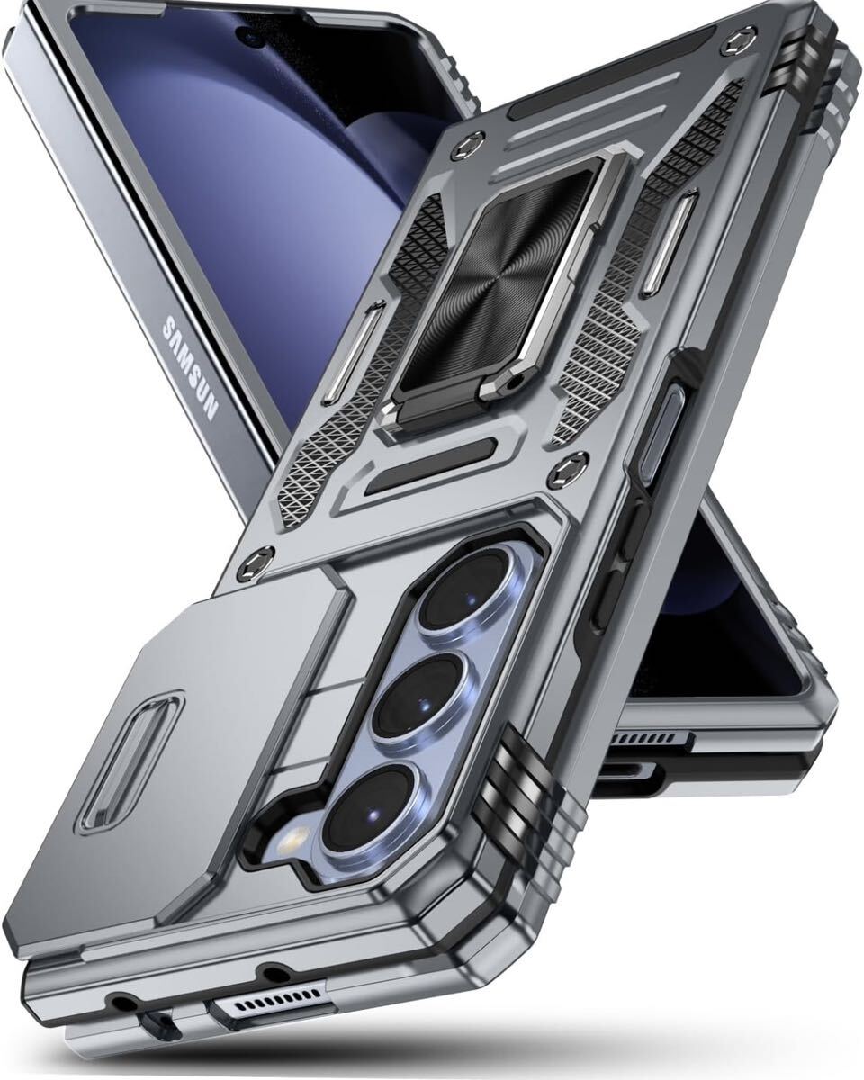 Galaxy Z Fold5 用 ケース リング付き 全面保護 耐衝撃 スタンド機能 米軍MIL カバー ケース PC+TPUバンパー レンズ保護 グレー 