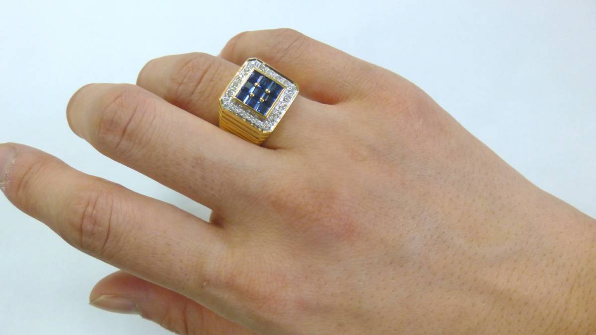 １８号 18金 ダイヤ 0.16ct サファイヤ 1.48ct 印台 リング ｋ18 サファイア 指輪_画像1