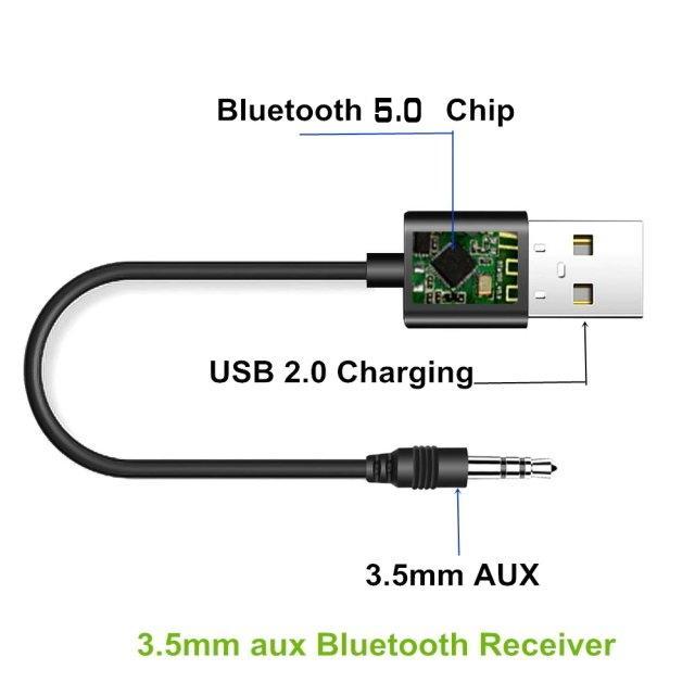 PFM Bluetooth5.0受信機 AUXをブルートゥースに変換 充電不要3.5mmAUXを簡単Bluetooth化出来るブルートゥース受信機 AUXとUSB電源 差すだけ