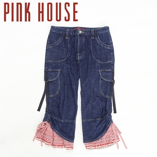 *PINK HOUSE Pink House стрейч кромка в клетку оборка tia-do капри Denim брюки джинсы индиго L