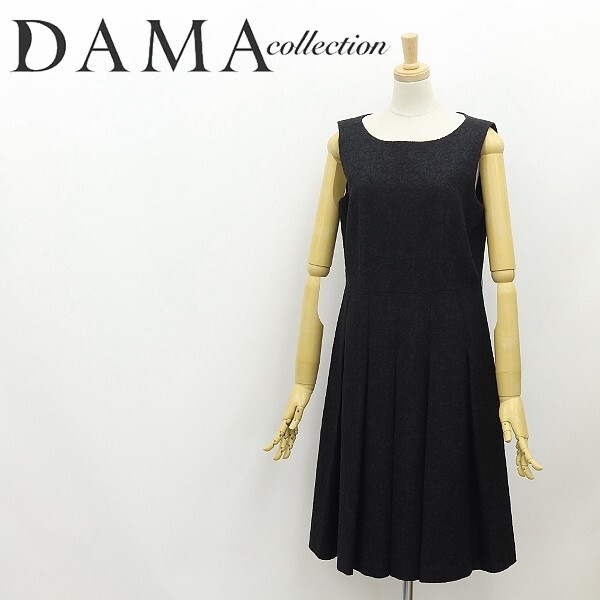 美品◆DAMA collection ダーマ コレクション 花柄総刺繍 ノースリーブ タック フレア ノースリーブ ワンピース 黒 ブラック 11AR_画像1