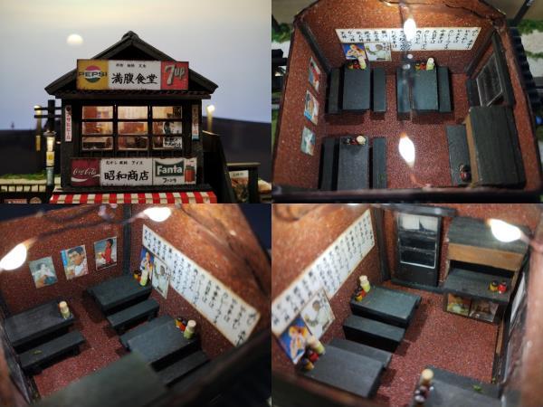 昭和の駄菓子屋と大衆食堂(二階)＜看板の店名変更します！＞+スバル360＋ミゼット+フィギュア☆ジオラマ完成品・ライトアップ☆ケース付_屋根を外して食堂の店内もご覧いただけます