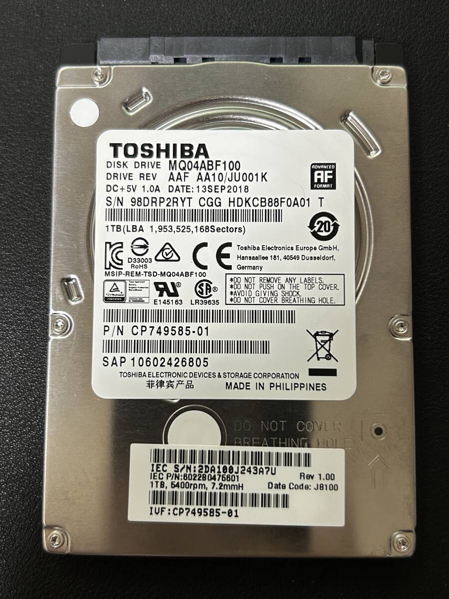 #3『正常』判定 TOSHIBA 1.0TB(1000GB) 2.5inch HDD SATA Note-PC用　 ■動作確認済 ■送料無料_画像1