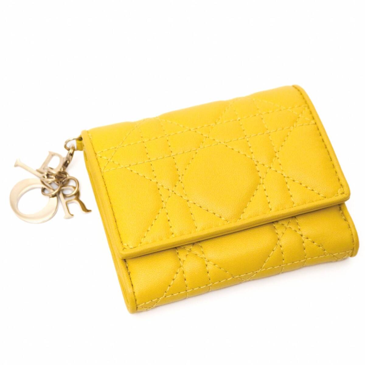 クリスチャン ディオール 41-MA-0212 カナージュ 折り財布 ウォレット folded wallet 3つ折り レザー 黄色 Yellow イエロー Christian Dior