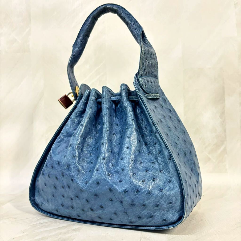 240426-BALLY バリー オーストリッチ レザー ハンドバッグ 鞄 巾着型 ブルー系 本革 レディース 婦人バッグ_画像1