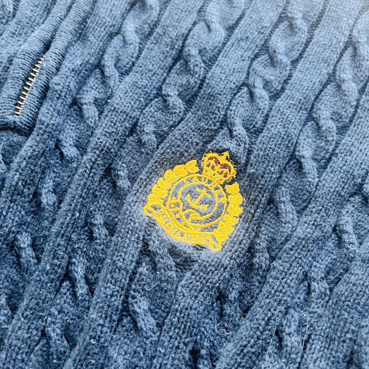 【美品!】美シルエット!L相当ローレンラルフローレンLAUREN RALPH LAURENセーターロゴ刺繍ジップエンブレムケーブルニットネイビー紺春夏の画像2