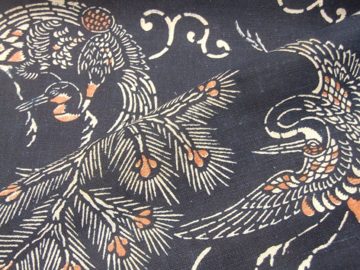 ：和古布材料：鶴に松柄の藍の型染め（色入り）_画像3