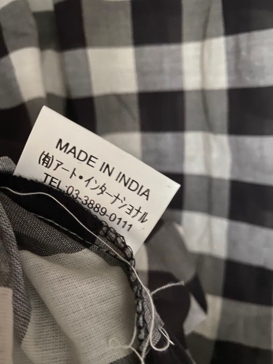 未使用 ギンガムチェック コットン 半袖 ロング ワンピース インド綿