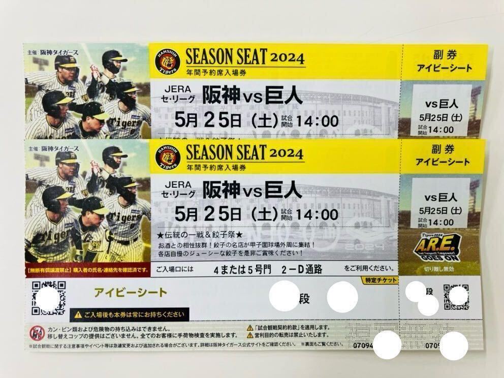 ★★★5月25日(土)14:00試合開始 甲子園 阪神v巨人 アイビーシート 連番2枚セット★★★_画像1