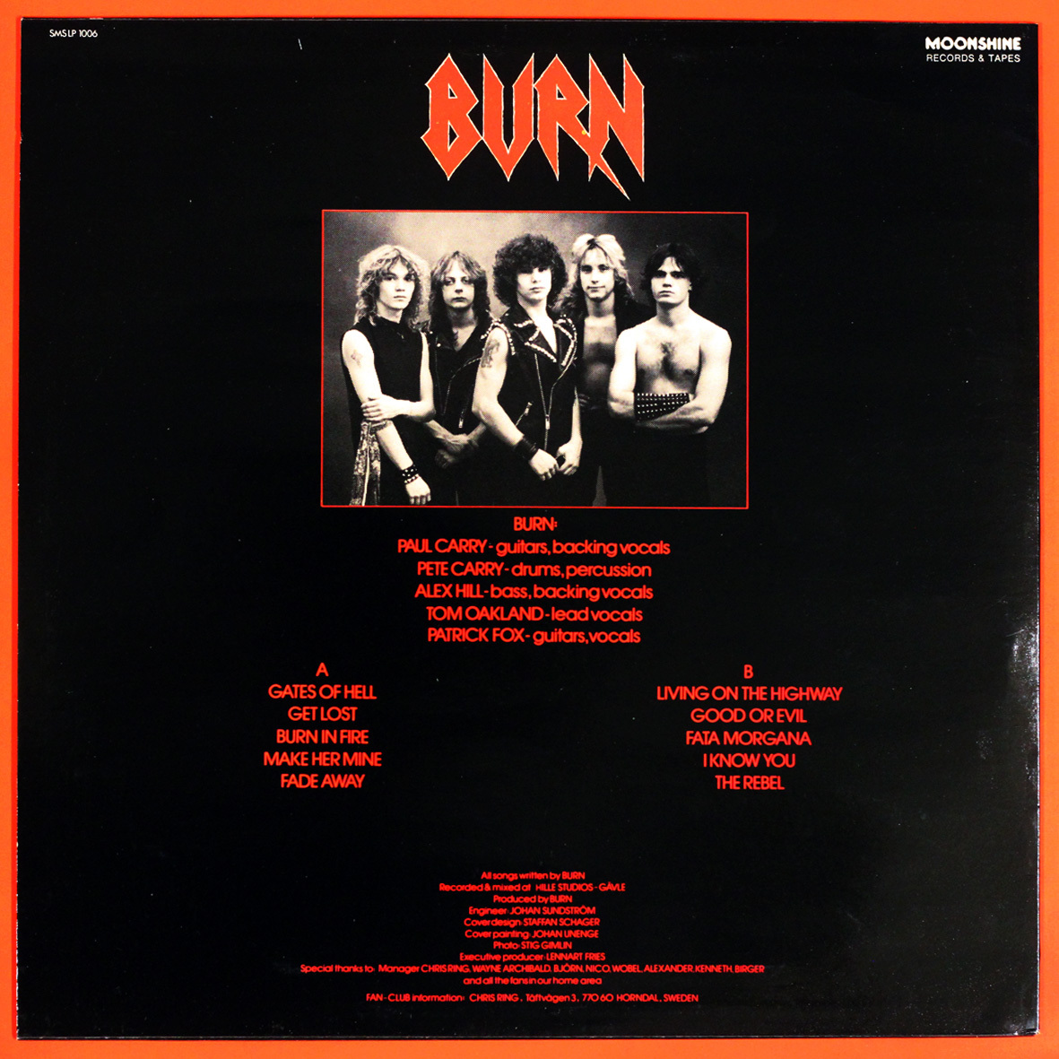 ◆ヘビメタ/ワンオーナー美品/LP◆Burn「Burn」Moonshine SMSLP 1006、スウェーデン盤、黒インナースリーブ付、Heavy Metal, Hard Rock_画像2