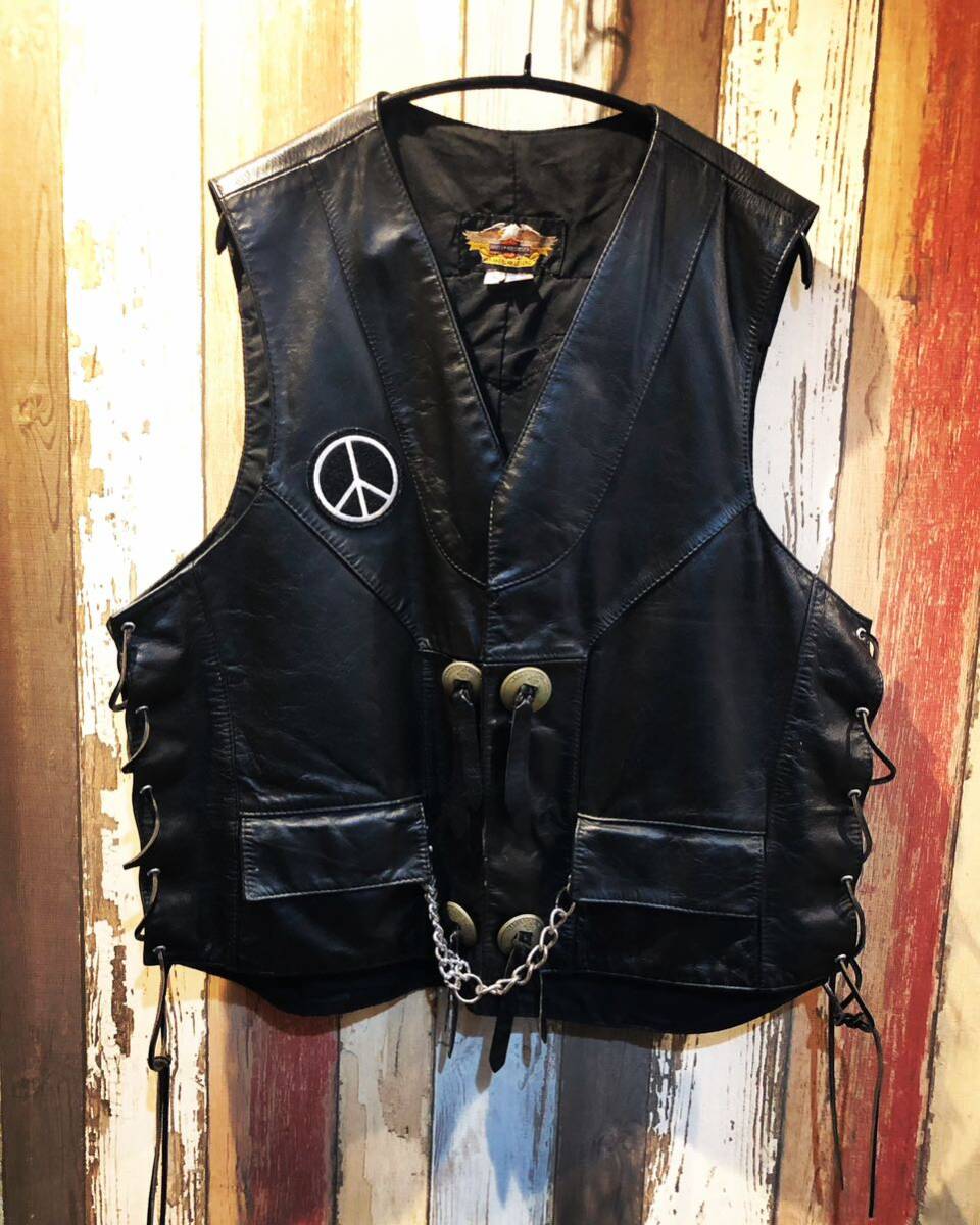 Vintage Leather VEST レザーベスト 本革 ハーレー バイカー 革ベスト 古着の画像1