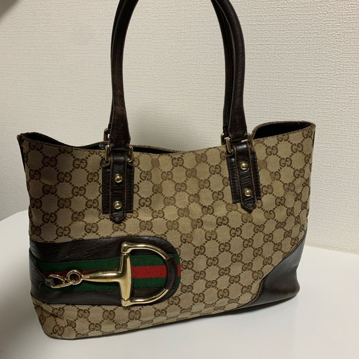 良品　GUCCI グッチ GGキャンバス シェリーライン トートバッグ ハンドバッグ　ジャッキー　ブラウン_画像1