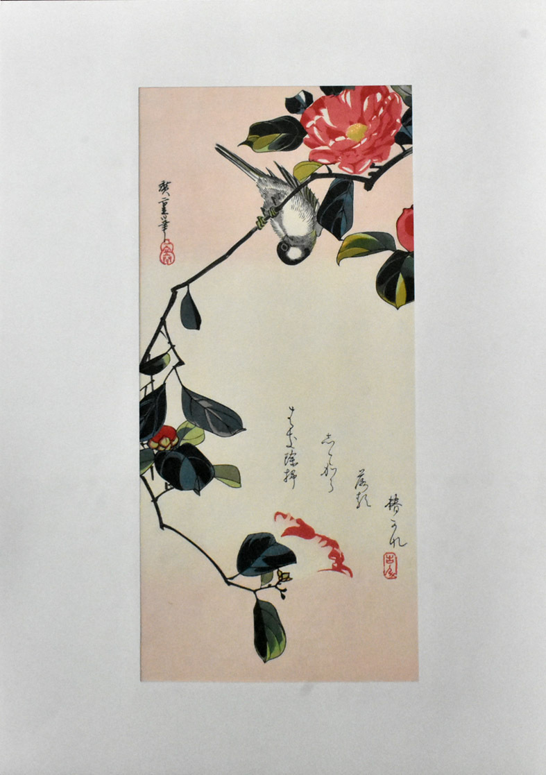 三大浮世絵師：安藤広重　木版画　花鳥大短冊選集　「梅とうそ」　※額付き　正光画廊_画像1