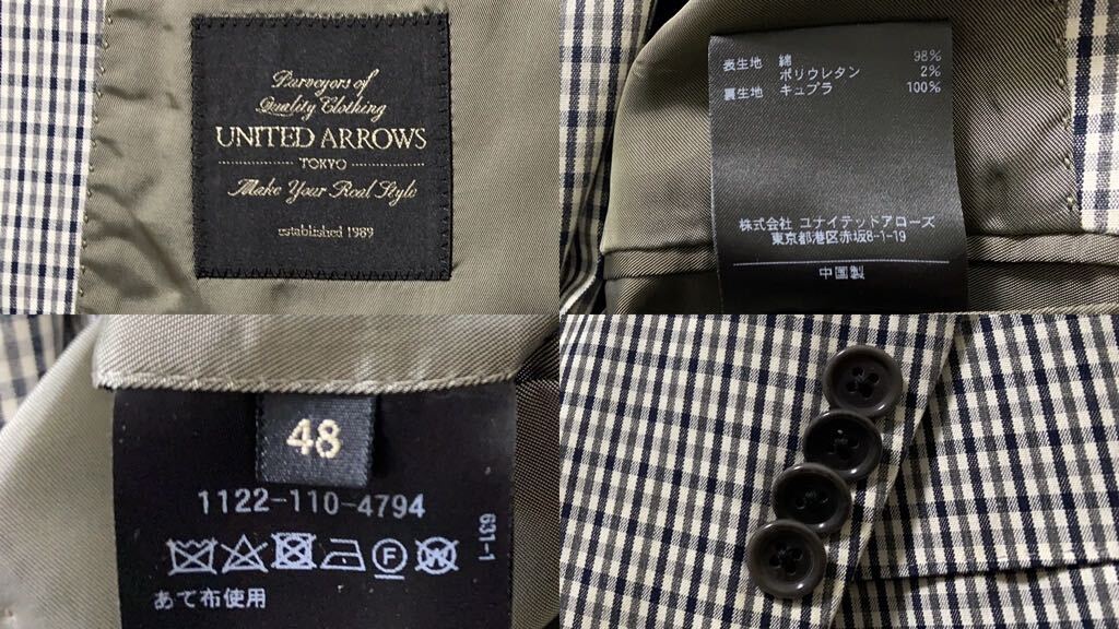 【美品】春夏物 ユナイテッドアローズ UNITED ARROWS メンズ テーラード ジャケット 48 L グレー系 ガンクラブチェック