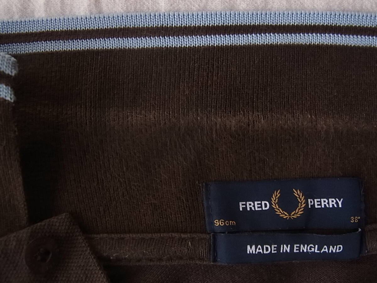 FRED PERRY フレッド ペリー 鹿の子素材　ライン入りポロシャツ　サイズ 96cm/38 ブラウンベース　MADE IN ENGLAND_画像5