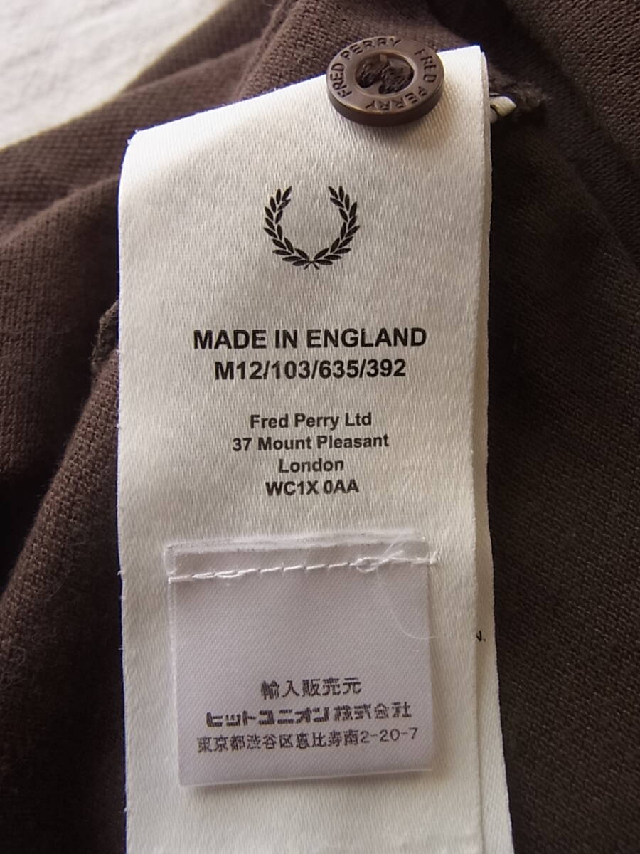 FRED PERRY フレッド ペリー 鹿の子素材　ライン入りポロシャツ　サイズ 96cm/38 ブラウンベース　MADE IN ENGLAND_画像6