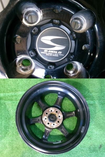 良品　S-HOLD　15インチアルミホイール　15X5J+45　4H　PCD100　ブラック/ポリッシュ　4本セット　軽自動車等　Y6.0533_画像6