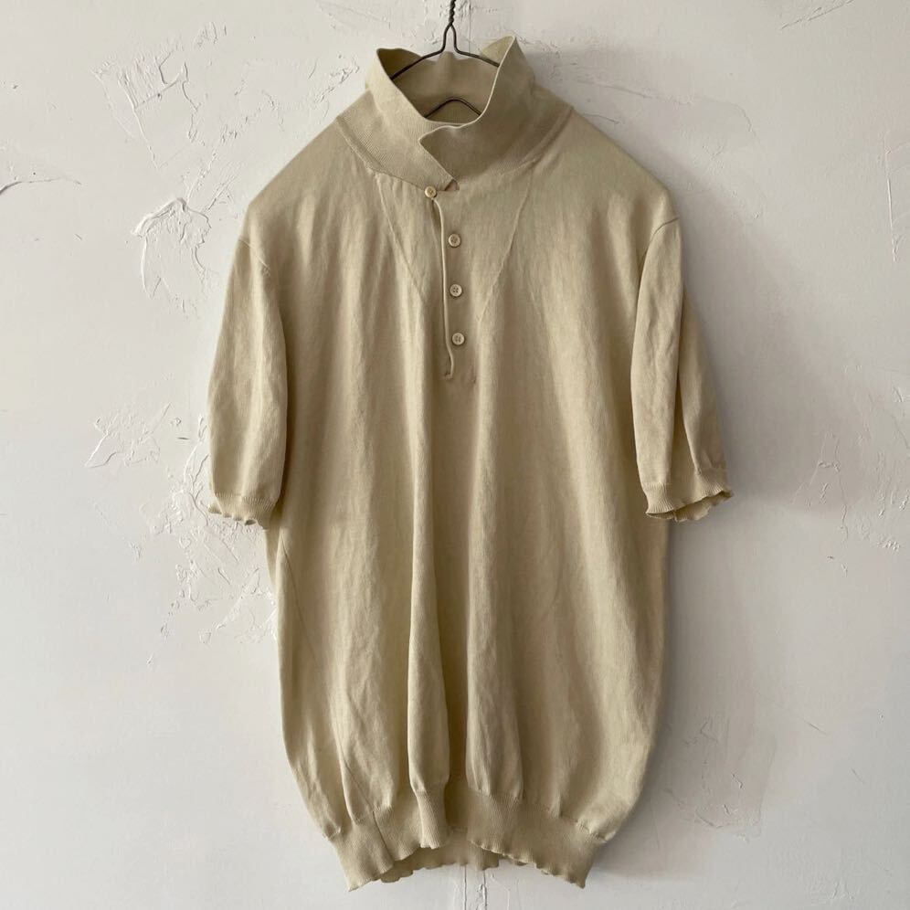 SEA ISLAND COTTON 100% 柔らか上質なコットン半袖 ハーフボタンシャツ プルオーバーシャツ ライトベージュ 襟 袖口 リブ レディース古着4_画像4