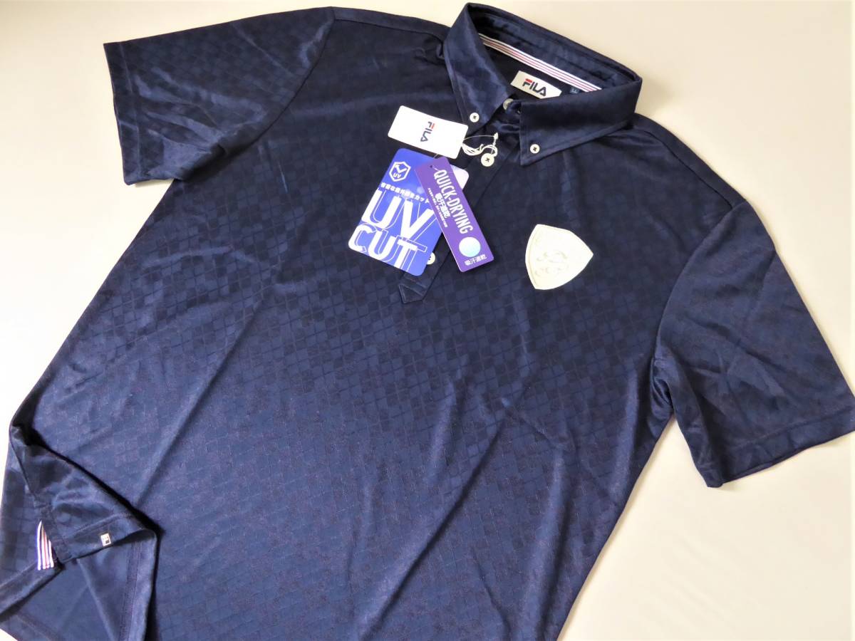 FILA GOLF フィラ ゴルフ 吸汗速乾 UV CUT エンブレム刺繍ロゴ ボタンダウン半袖ポロシャツ　LL　紺_画像2