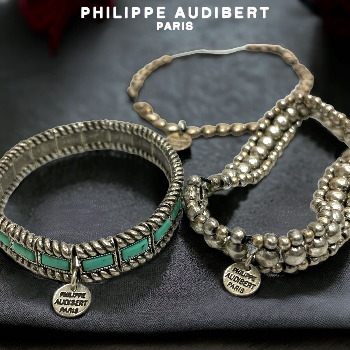 (３点まとめ売り) PHILIPPE AUDIBERT PARIS / フィリップ オーディベール レディース ブレスレット ピューターブレス 真鍮 ゴム伸縮_画像1