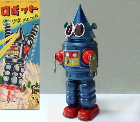 ●珍しい光る動く後期型少年ジェット三角ロボットは米澤玩具製ブリキ_画像3