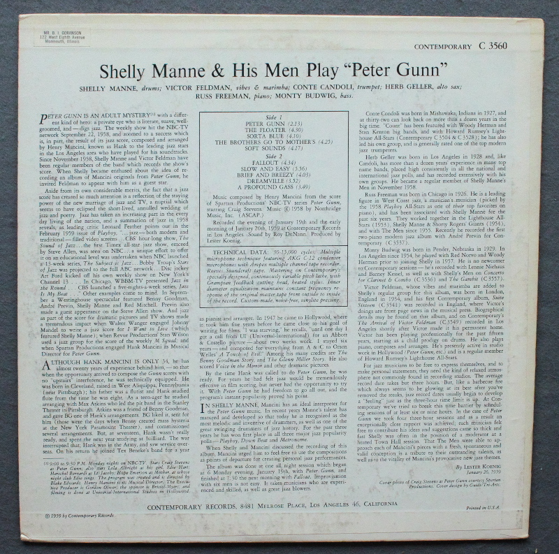 【 USオリジナル ・ 深溝 】★ SHELLY MANNE ＆ HIS MEN PLAY " PETER GUNN "　/ Contemporary C 3560 US盤　MONO　美品 ★_画像2
