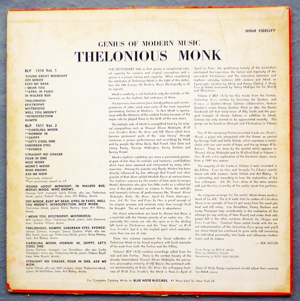 【 BLUE NOTE ・RVG・深溝・耳マーク 】 THELONIOUS MONK ・ Genius Of Modern Music Vol. 2　/ BLUE NOTE BLP-1511　Flat Edge 　MONO ★_画像2