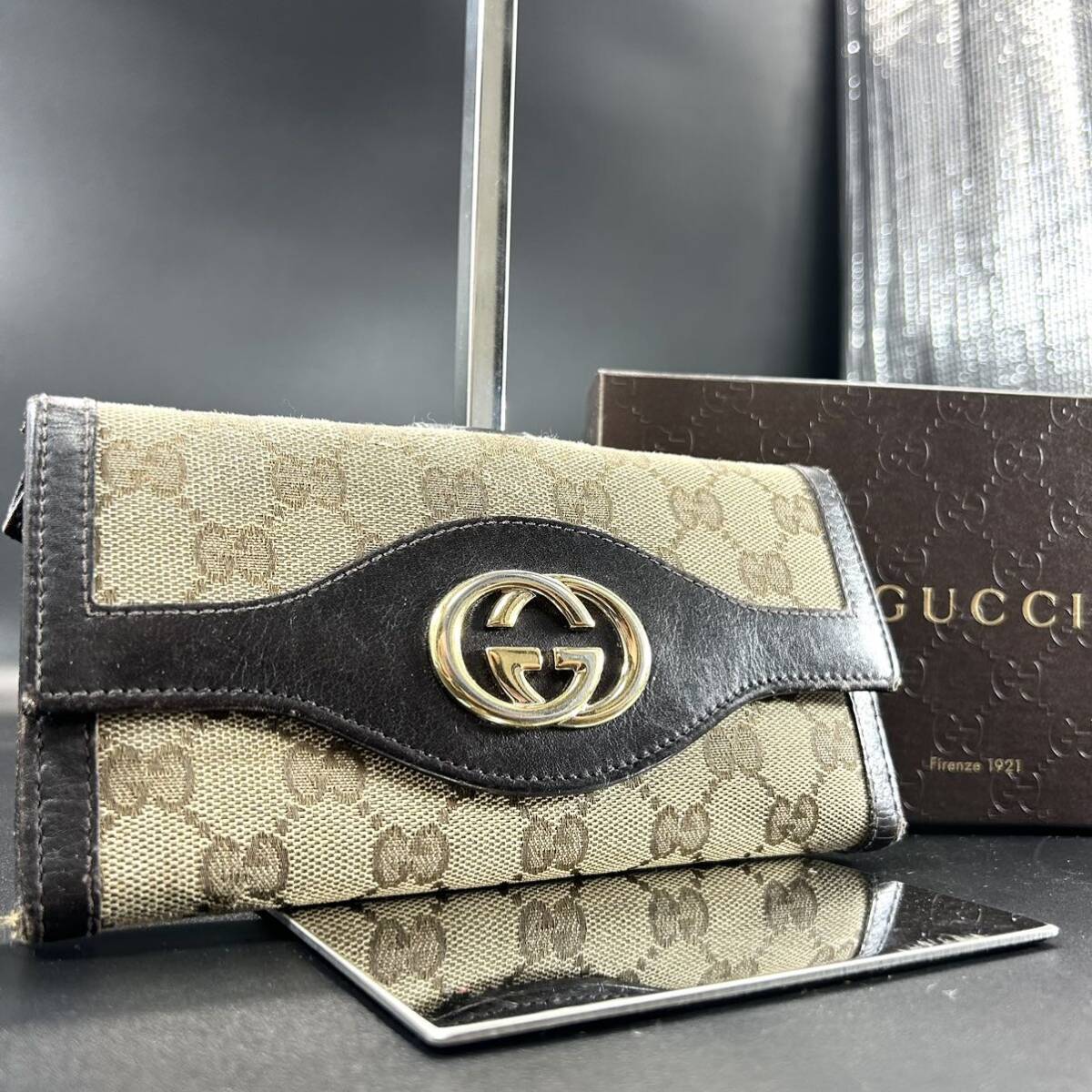 1円〜 GUCCI グッチ メンズ レディース 長財布 インターロッキング レザー×GGキャンバス 本革 ブラウン 茶色 札入れ コインケースの画像1