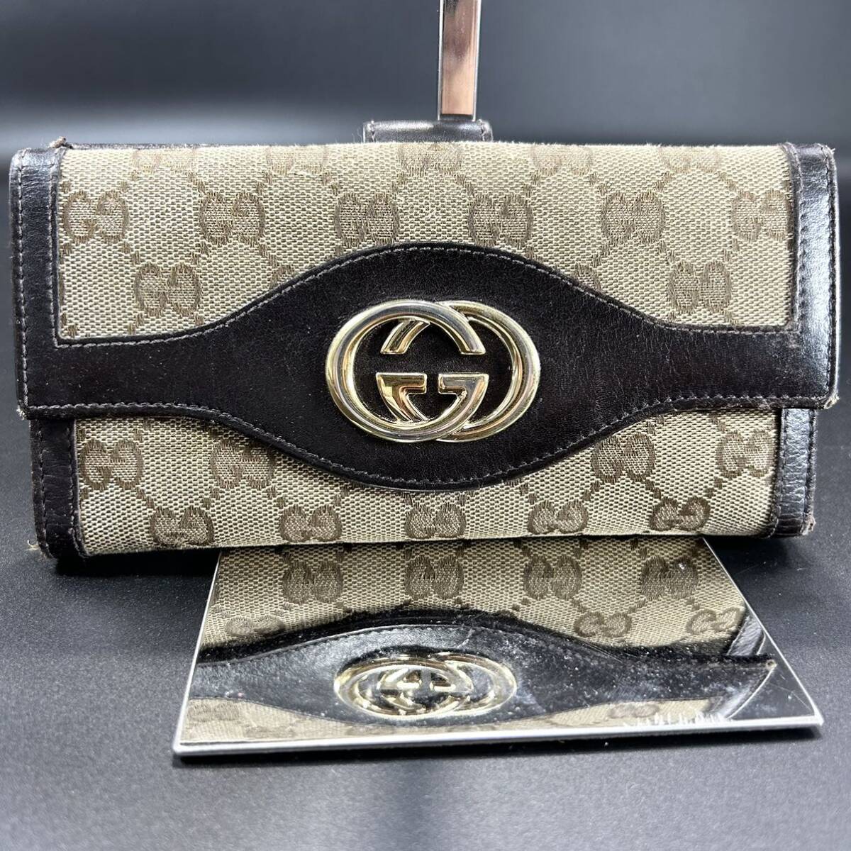 1円〜 GUCCI グッチ メンズ レディース 長財布 インターロッキング レザー×GGキャンバス 本革 ブラウン 茶色 札入れ コインケースの画像2